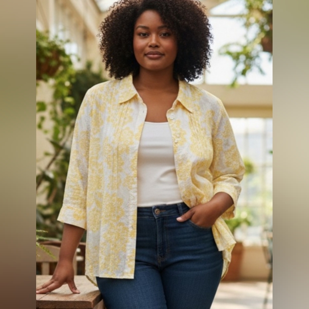 (2 FOR $20) Elegant Yellow Floral Button Down Shirt - Picture 2 of 5